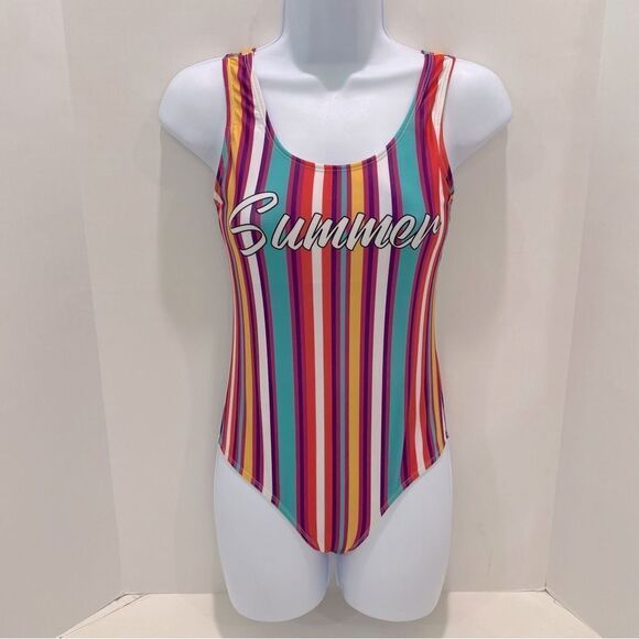 Everyday California Summer Striped One Piece Swimsuit Juniors Size 14 - Picture 5 of 14